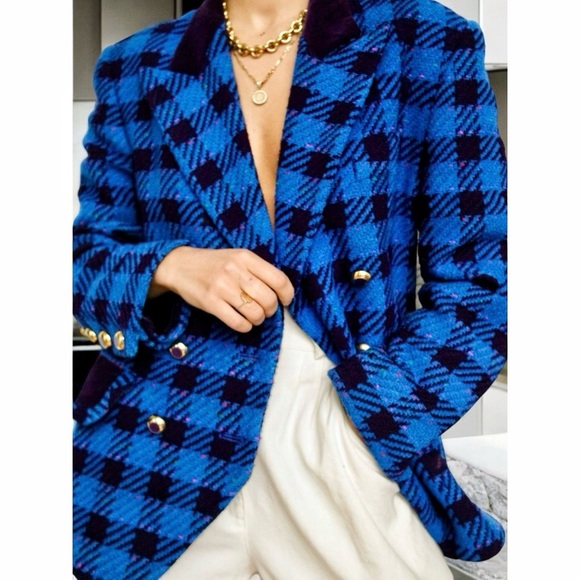 VTG Escada by Margaretha Ley Blue Checked Flecked Wool Double Breasted Blazer 10 - Picture 2 of 14
